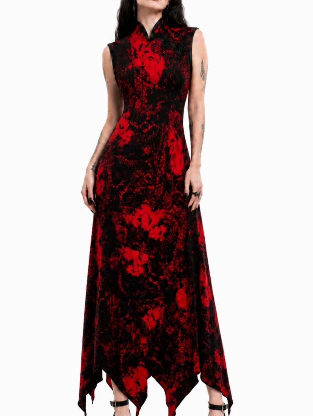 ALGO Vintage Red Black Gothic Dark Academia Handkerchief Maxi Dress Size 12lined